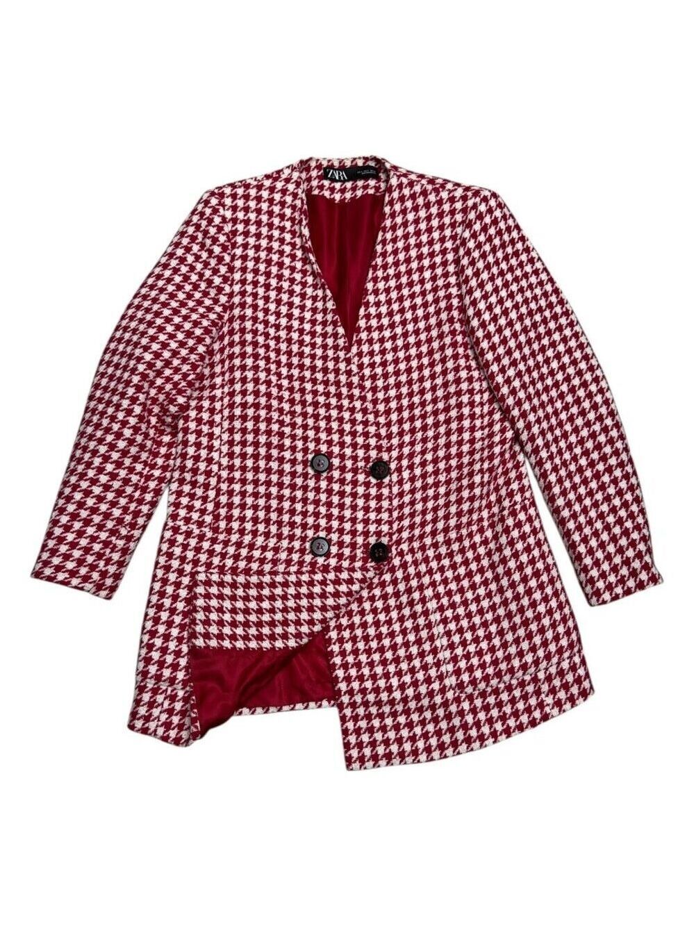 ZARA Houndstooth Blazer Red Designer Business Casual Jacket Womens Large